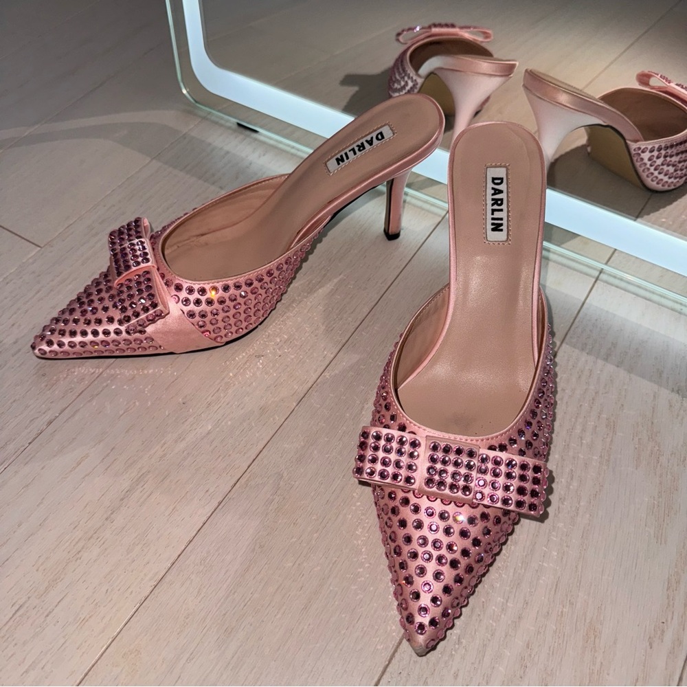 Darlin Pink Bow Diamanté Women's Heel Mules - Picture 6 of 7